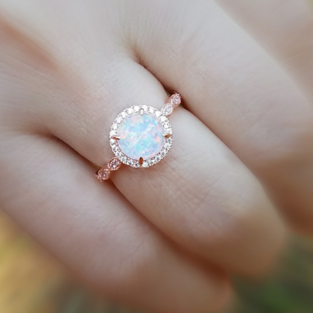 Rose Gold Round Opal Diamond Halo Milgrain Ring - Picture 6 of 7